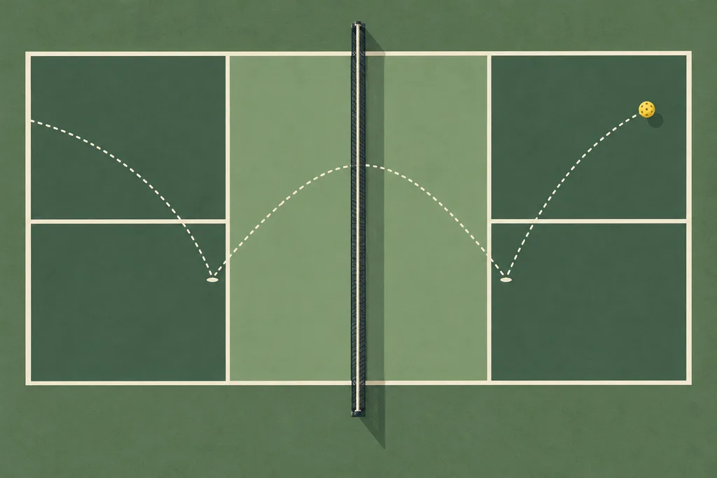 Schéma illustré de la trajectoire d'une balle rebondissant une fois dans chaque camp d'un terrain.